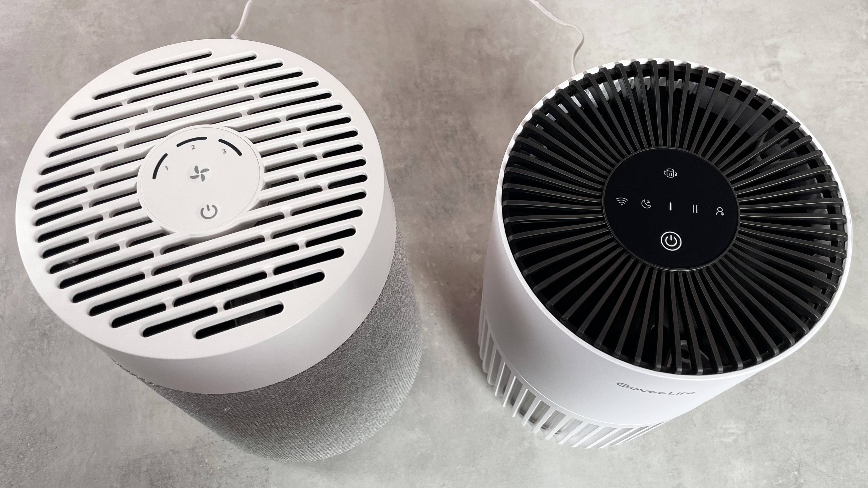 The top panels and controls of the Blueair Blue Pure Mini Max and GoveeLife Smart Air Purifier.