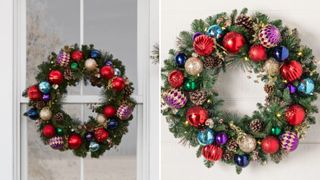 white front door with best christmas wreath with colorful baubles and glittered faux foliage