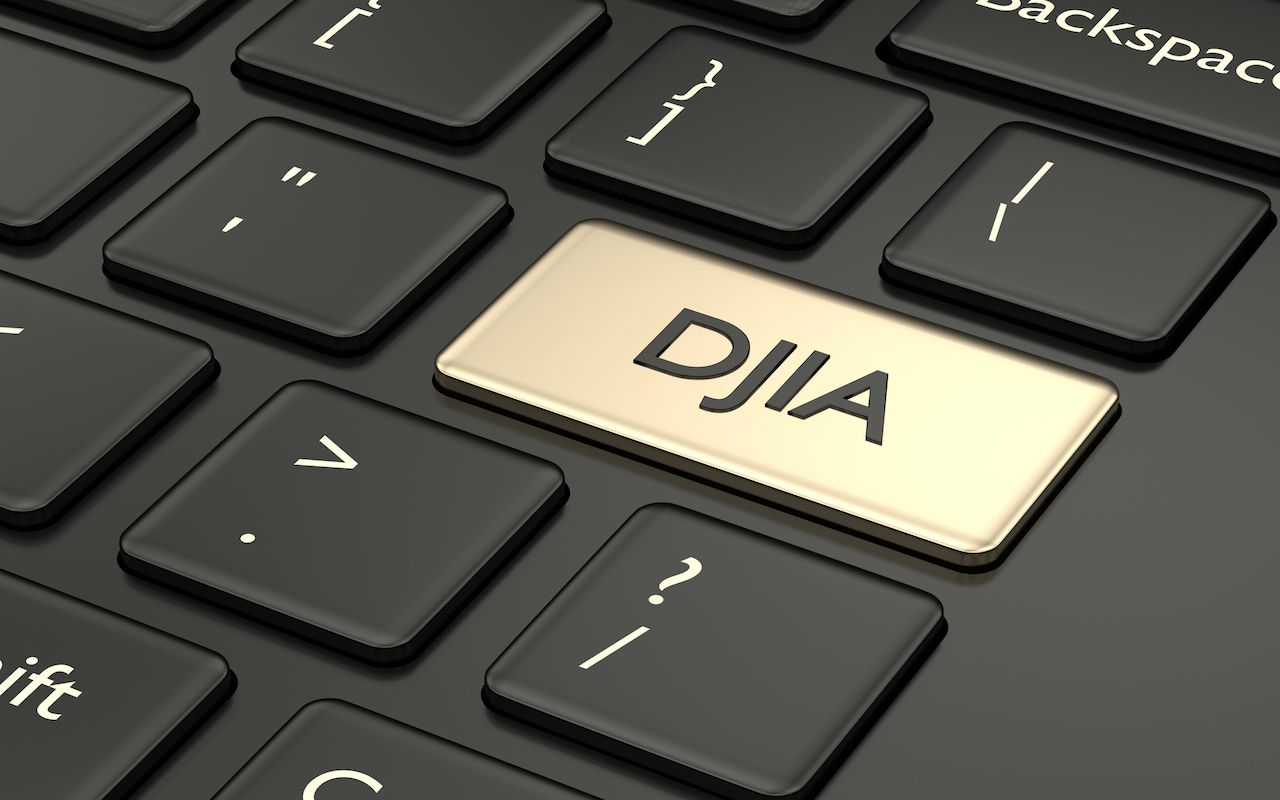 3d render closeup of computer keyboard with DJIA index button. Stock market indexes concept.