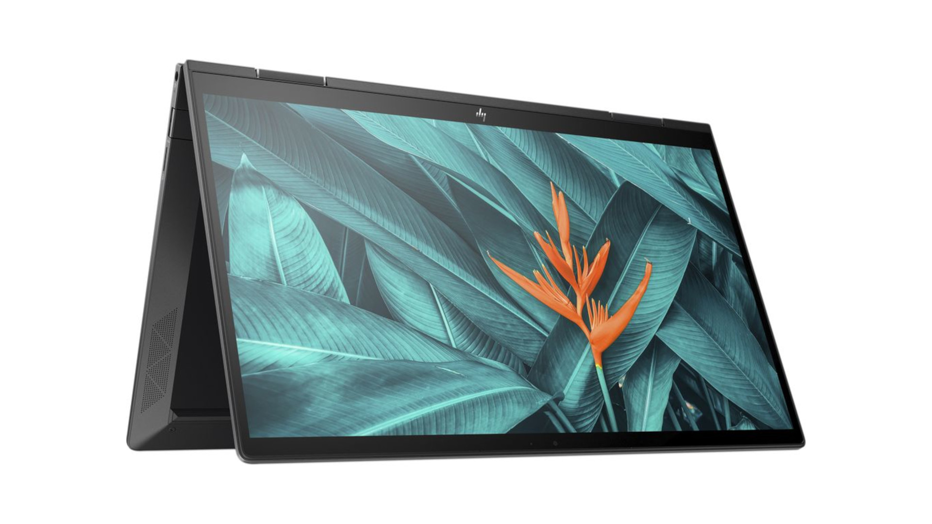 A HP Envy x360 13 in tablet mode on a white background