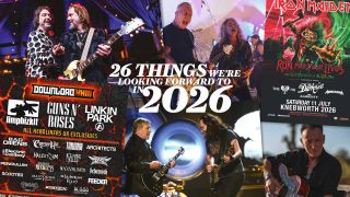Black Crowes, Metallica and Rush onstage, plus Bruce Spingsteen playing guitar in the desert, and posters fot Download 2026 and Iron Maiden at Knebworth (montage)