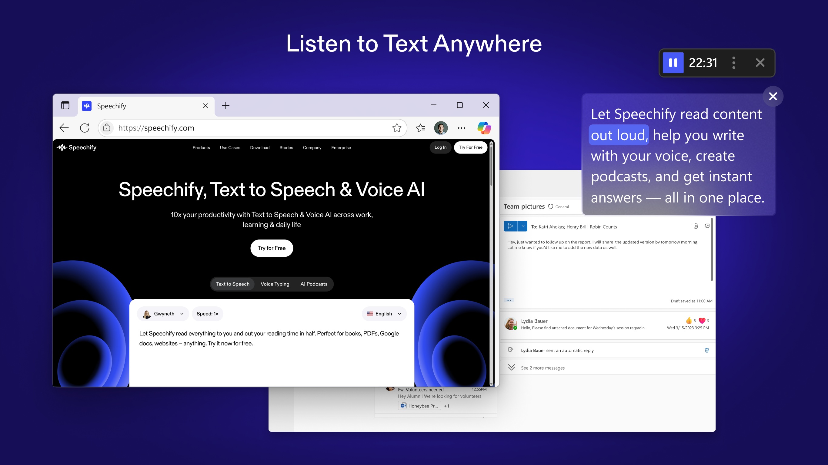 Screenshot of Speechify's website with a purple background. A pop-up highlights features like text-to-speech, creating podcasts, and instant answers.