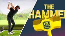 (left) Tommy Fleetwood hits a drive during TGL with a screenshot of the TGL graphic (right)