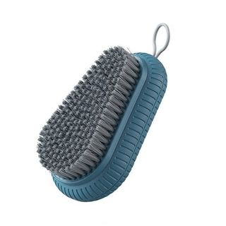 A dark blue handled cleaning brush with dark grey bristles. 