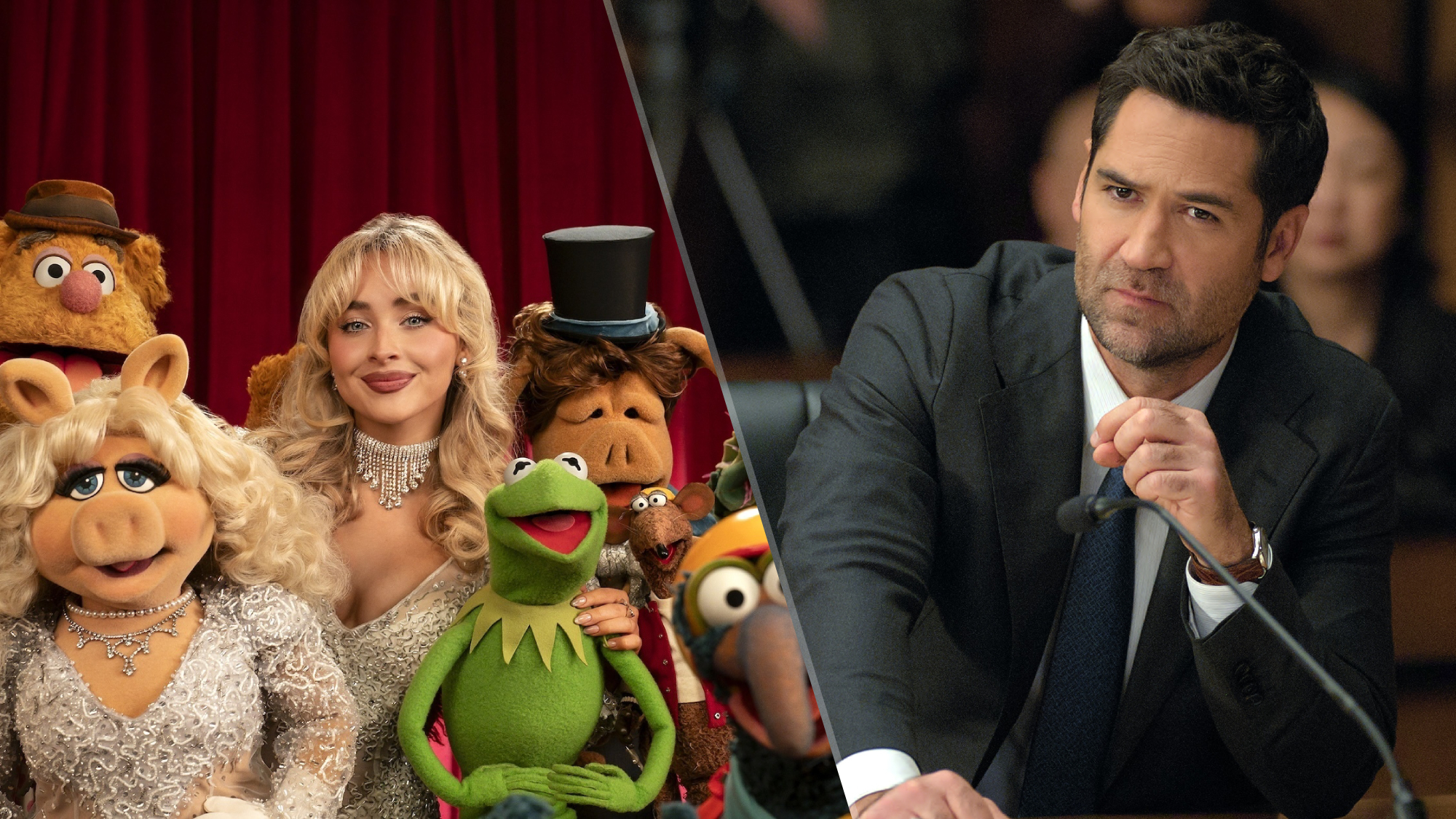A collage of press images for "The Muppet Show" and "The Lincoln Lawyer," featuring Sabrina Carpenter surrounded by Kermit, Miss Piggy and the rest of The Muppets (Left) and Mickey Haller (Manuel Garcia-Rulfo) in a scene from "The Lincoln Lawyer" season 4