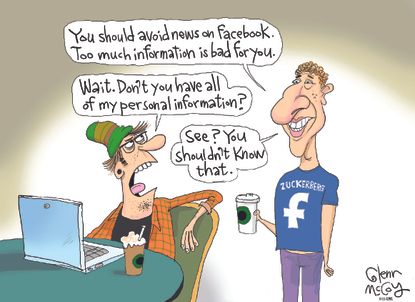 Political cartoon U.S. Mark Zuckerberg Facebook social media addiction fake news