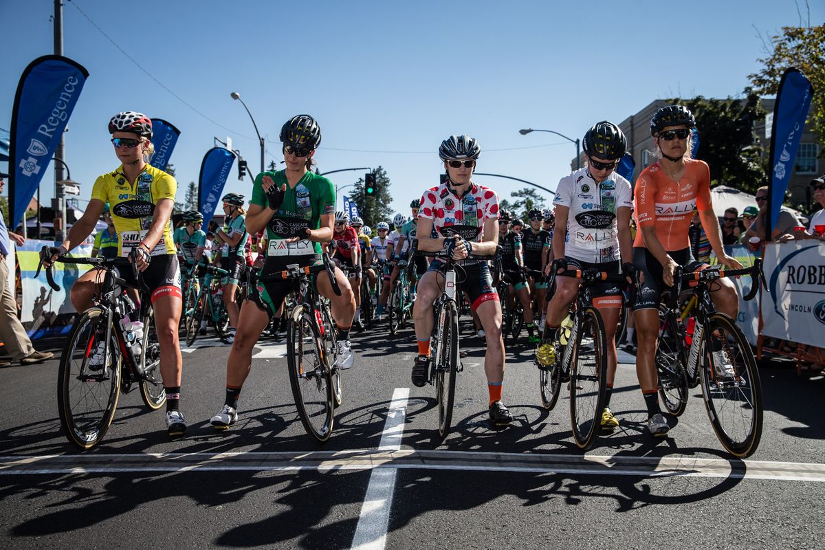 The jersey wearers on the start line of stage 4 of the Cascade Cycling Classic