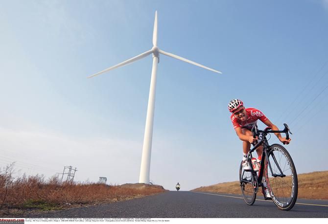 One of many windmills along route at the Tour of Beijing