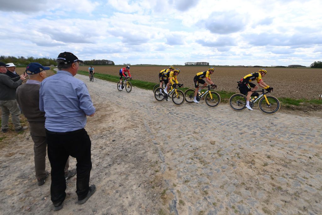 ROUBAIX FRANCE APRIL 14 Mike Teunissen of Netherlands Nathan Van Hooydonck of Belgium Timo Roosen of Netherlands Edoardo Affini of Italy Christophe Laporte of France and Team Jumbo Visma train with teammates Qurnaing Maing sector during the 119th ParisRoubaix 2022 Training ParisRoubaix WorldTour on April 14 2022 in Roubaix France Photo by Tim de WaeleGetty Images