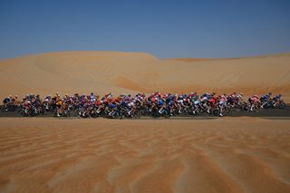 A general view of the peloton passing through a landscape in the desert during the 2nd UAE Tour 2024 Stage 2 a 113km stage Al Mirfa Bab Al Nojoum to Madinat Zayed UCIWWT on February 09 2024 in Madinat Zayed United Arab Emirates Photo by Dario BelingheriGetty Images