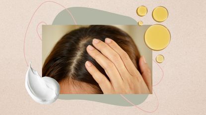 A close-up of a woman's hand touching the top of head, with her scalp visible/ in a beige template with shampoo and hair oil stock images