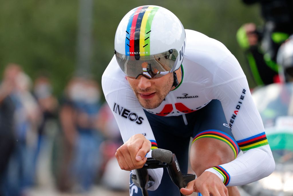 Team Ineos rider Italys Filippo Ganna competes in the first stage of the Giro dItalia 2021 cycling race a 86 km individual time trial on May 8 2021 in Turin Photo by Luca Bettini AFP Photo by LUCA BETTINIAFP via Getty Images