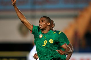 Samuel Eto'o celebrates after scoring for Cameroon against Angola at the Africa Cup of Nations in January 2006.