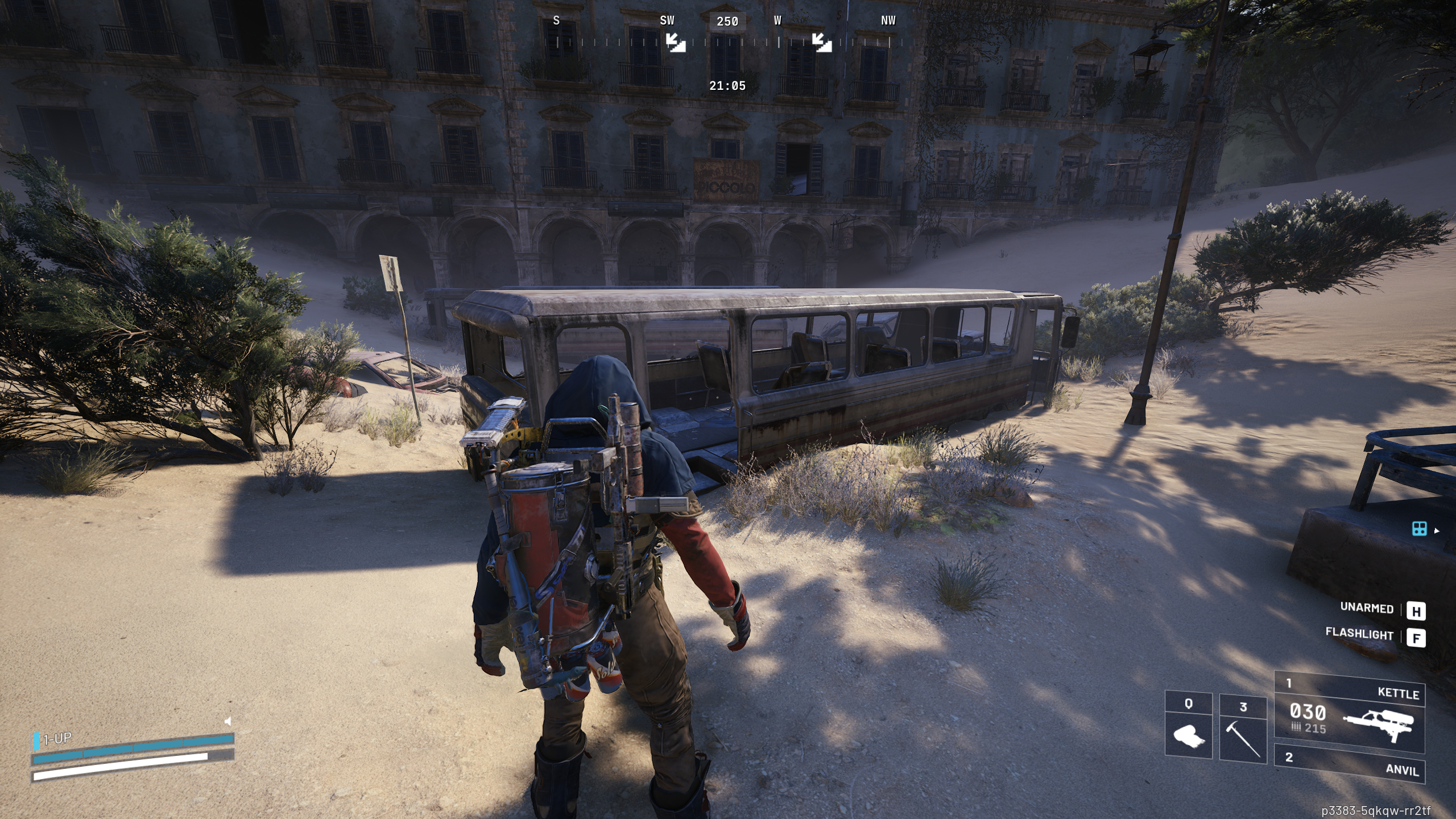 Arc Raiders Combat Recon: A player looking at a rusted bus surrounded by sand next to the Marano Park metro station on Buried City, with a large building in the background.