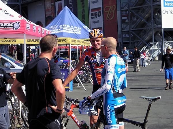 Carl Decker (Giant), first, Ryan Trebon (Kona), second and Travis Brown (TrekVW), third discuss how the single speed national championship race went.
