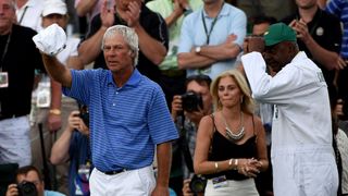 Ben Crenshaw and caddie Carl Jackson during the 2015 Masters