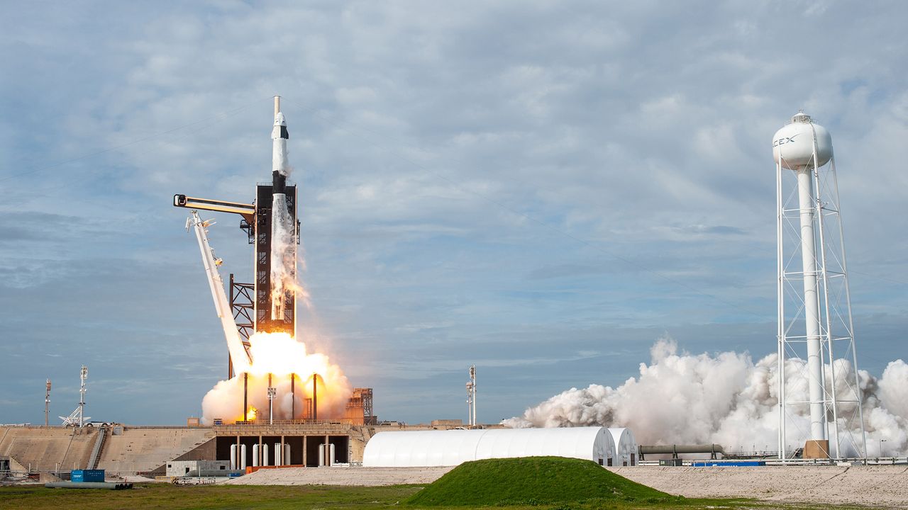 An amazing shot of SpaceX's Falcon 9 beginning to take off from Kennedy Space Center.