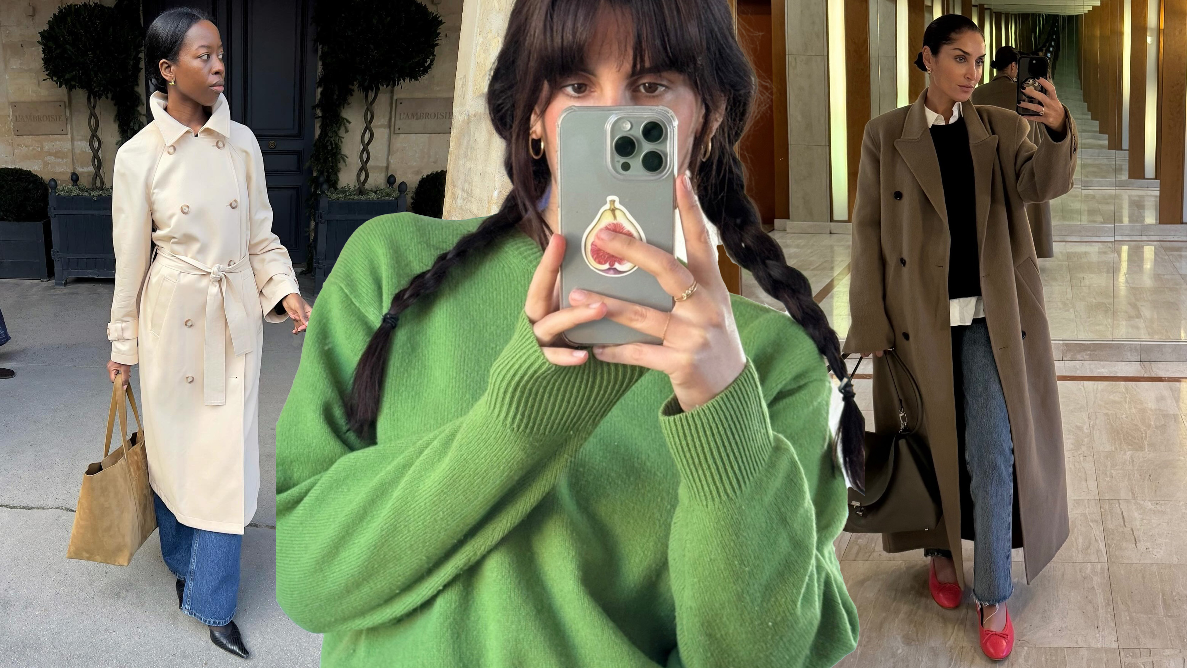 A collage of parisian women wearing transitional wardrobe essentials.