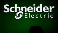 Schneider Electric logo and branding pictured in its 4.0 production plant in Le Vaudreuil, northwestern France.