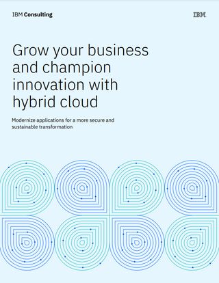 A whitepaper from IBM on how to achieve business growth with hybrid cloud, with blue swirl pattern on the cover
