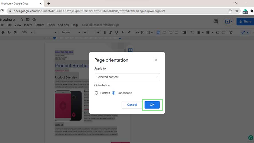 How to display a page in landscape mode in Google Docs