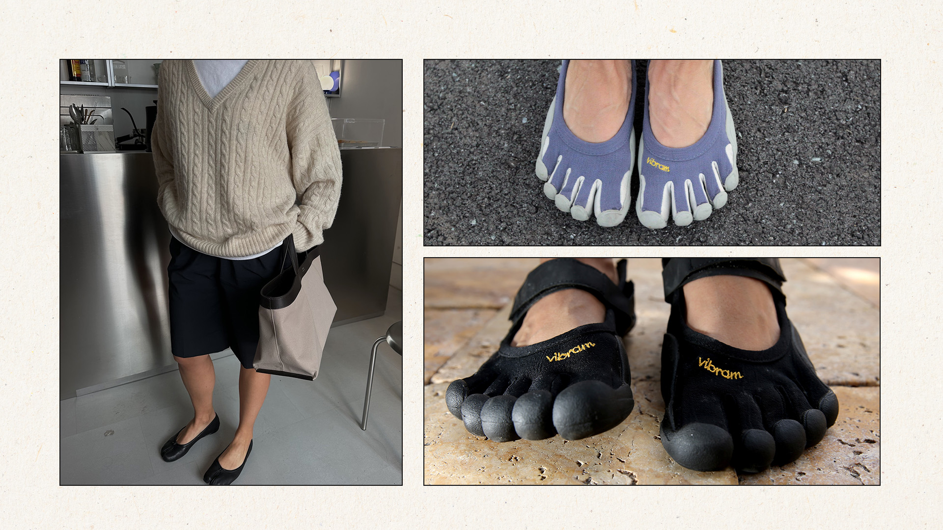 A woman wearing a cream v neck sweater, black shorts, and black shoes, Vibram purple shoes, black Vibram shoes