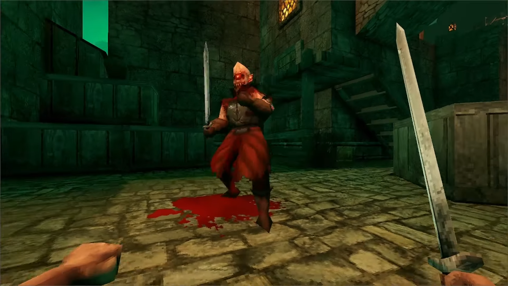 First person view of cyclops guard in Dreadbound standing over bloodstain on cobbled road player is holding a sword