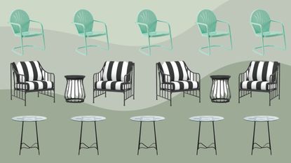 Metal garden furniture image on green wavy background with green metal chair, a black metal chat set with white striped cushions and a black frame side table with a glass top