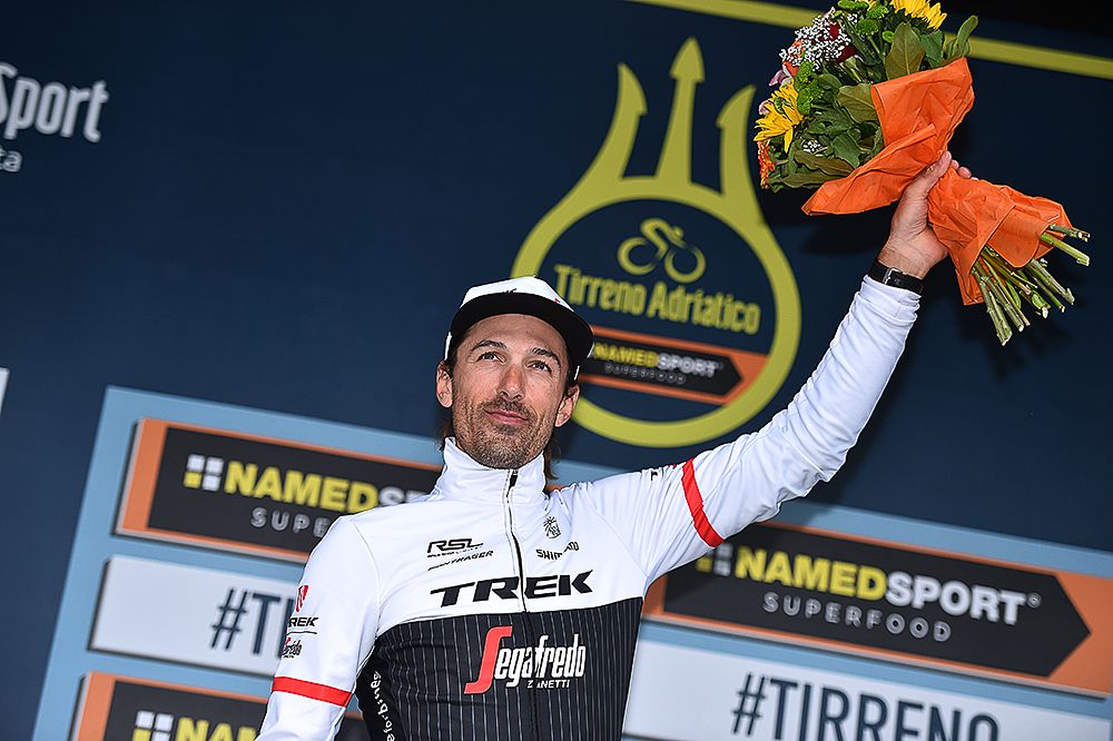Fabian Cancellara on the stage 7 podium at Tirreno-Adriatico