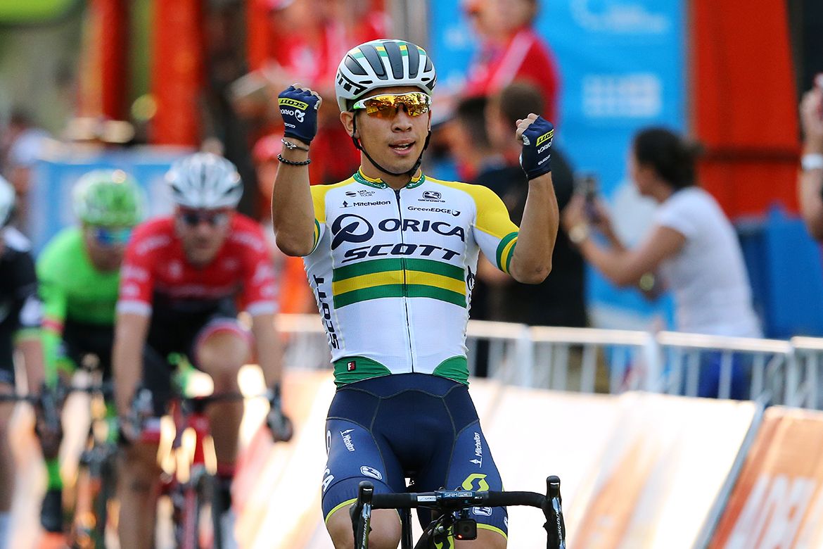 Caleb Ewan celebrates his win