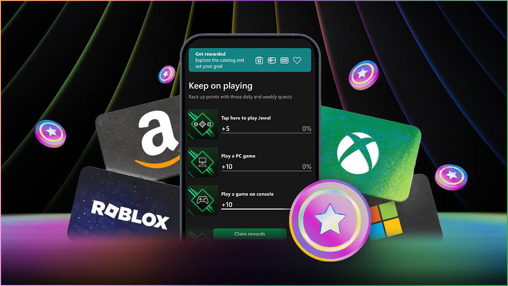Smartphone screen showing gaming and reward tasks in the center, surrounded by Amazon, Roblox, and Xbox gift cards, with colorful tokens floating around.