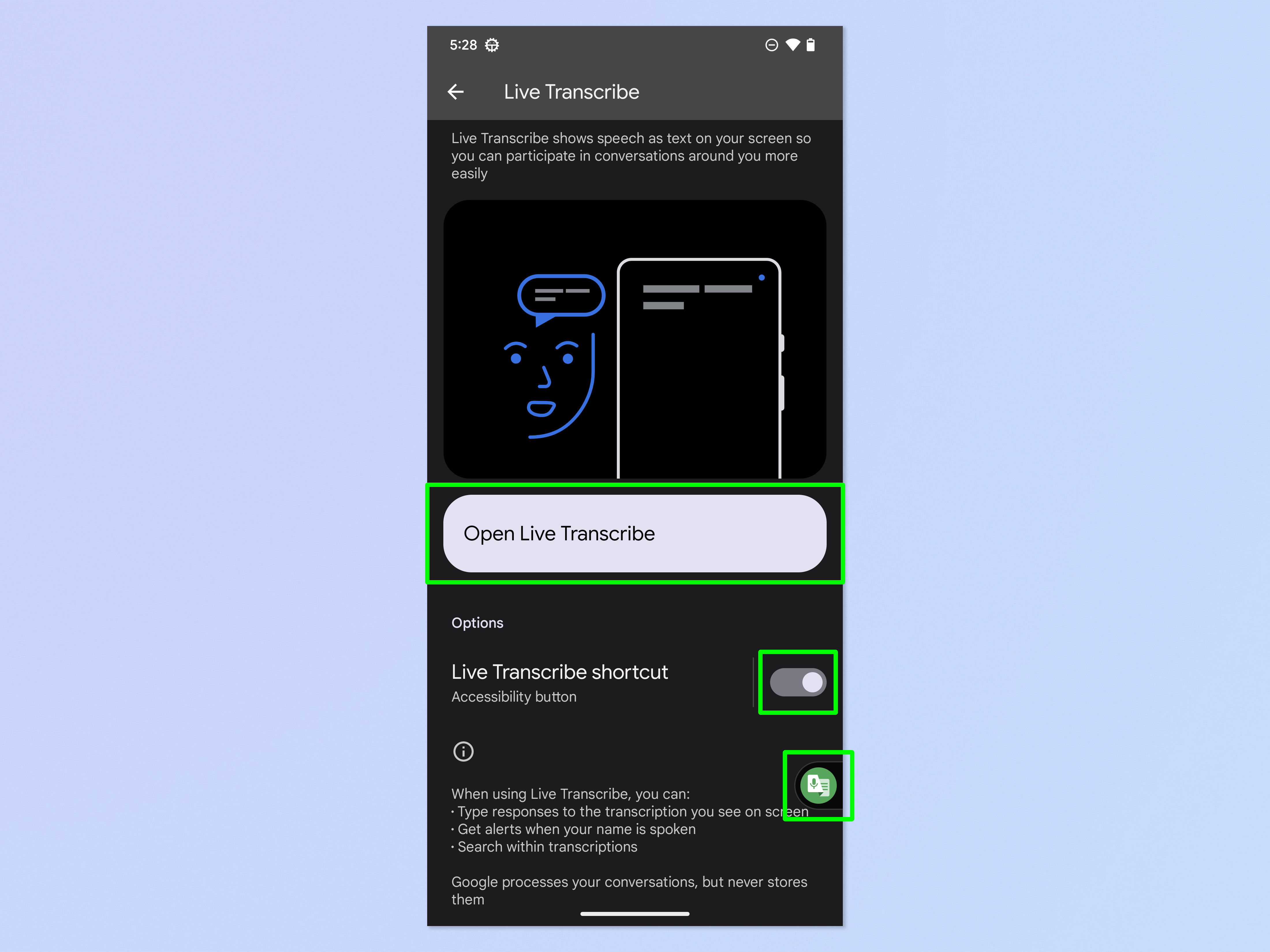 Скриншот, показывающий шаги, необходимые для использования Live Transcribe на Android.