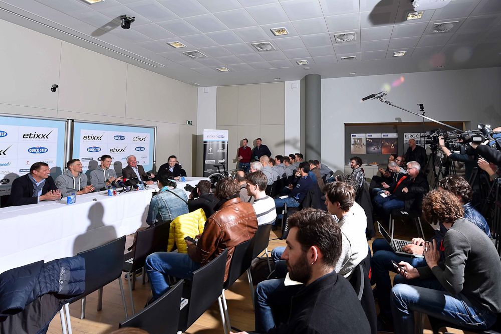 The press gathered to speak with the team ahead of the Tour of Flanders.