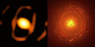 (left) an image of WOH G64 taken by the VLT (right) an artist's imptression of the dying star located in the Large Magellanic Cloud