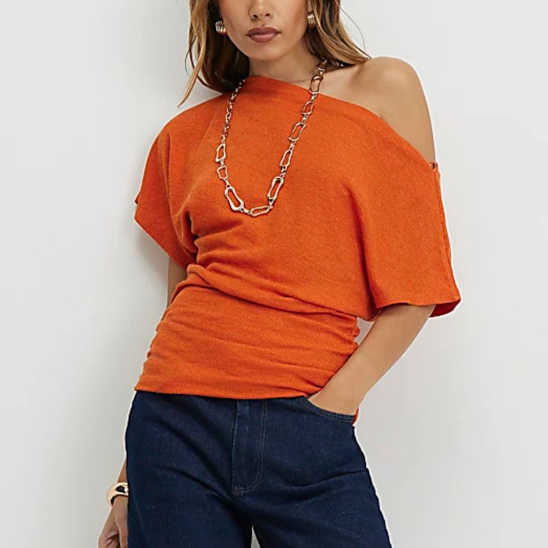 River Island , Orange Banded Hem Drape Top