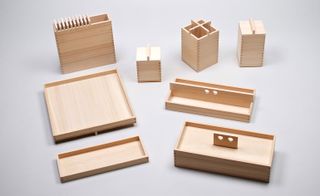 Sebastian Conran introduced his collaboration with craftsmen from Japan’s Gifu region – including these wooden pieces by Ohashi Ryoki. A range of wooden storage containers.