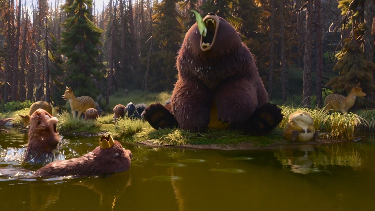 A bear eating a fish while beavers watch in Hoppers