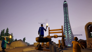 A monk stands on a catapult flanked by two friends, while a giant glowing tentacle looms in the background.
