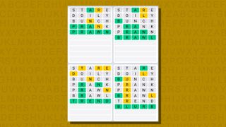Quordle daily sequence answers for game 715 on a yellow background