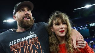 Travis Kelce #87 of the Kansas City Chiefs (L) celebrates with girlfriend Taylor Swift ahead of Super Bowl LVIII 2024 at The Allegiant Stadium, Las Vegas, Nevada 