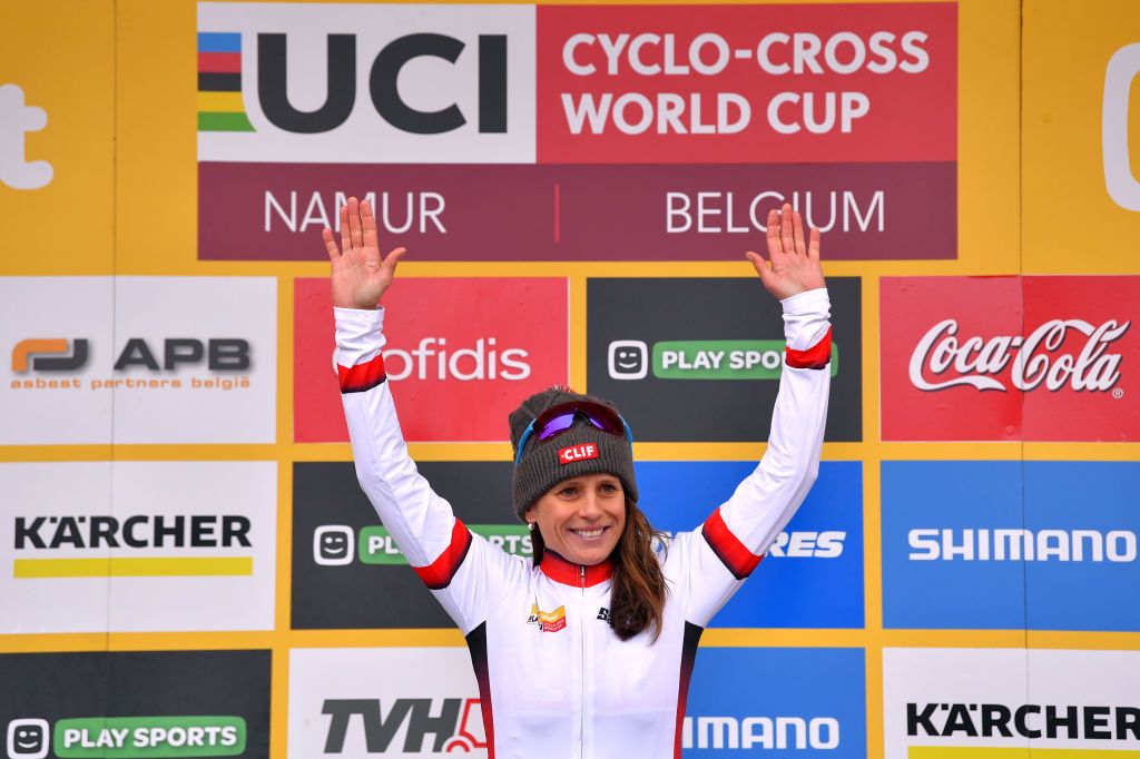 NAMUR BELGIUM DECEMBER 22 Podium Katerina Nash of Czech Republic Leader Celebration during the 11th Namur World Cup 2019 Women Elite UCICX TelenetUCICXWC on December 22 2019 in Namur Belgium Photo by Luc ClaessenGetty Images
