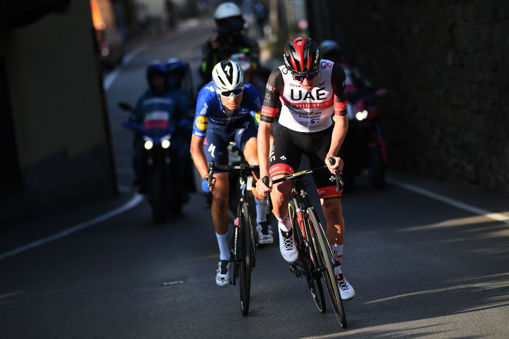 BERGAMO ITALY OCTOBER 09 LR Fausto Masnada of Italy and Team Deceuninck QuickStep and Tadej Pogacar of Slovenia and UAE Team Emirates compete in the breakaway during the 115th Il Lombardia 2021 a 239km race from Como to Bergamo ilombardia UCIWT on October 09 2021 in Bergamo Italy Photo by Tim de WaeleGetty Images