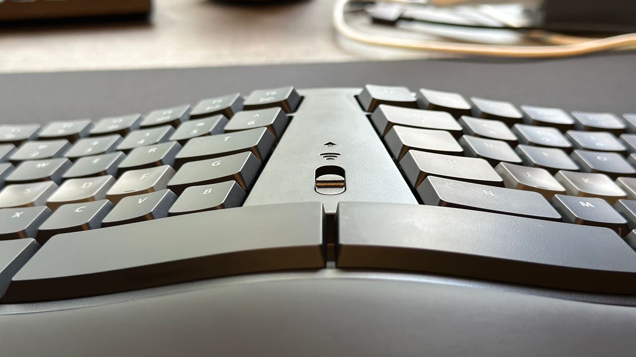 A photo of the Kinesis mWave ergonomic mechanical keyboard
