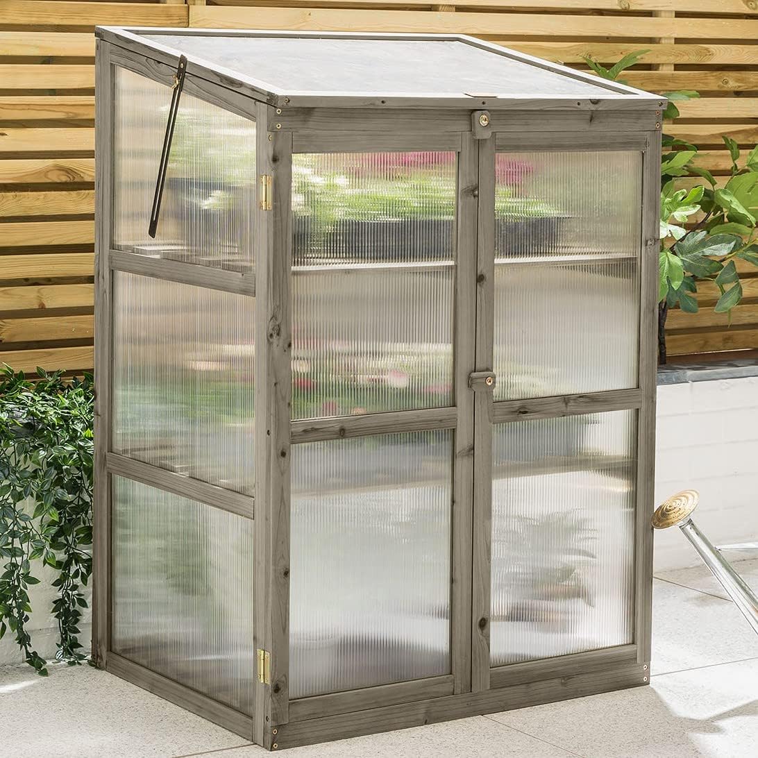 Christow Wooden Greenhouse Garden Cold Frame Lean to Grow House Polycarbonate Windows (h110cm X W76cm X D59cm) (grey Finish)