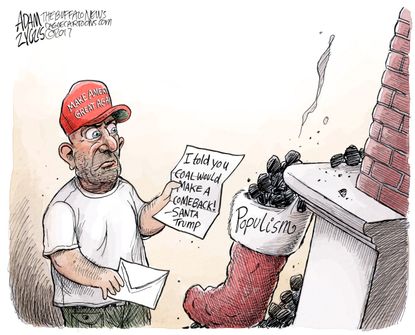 Political cartoon U.S. Trump economy coal Christmas