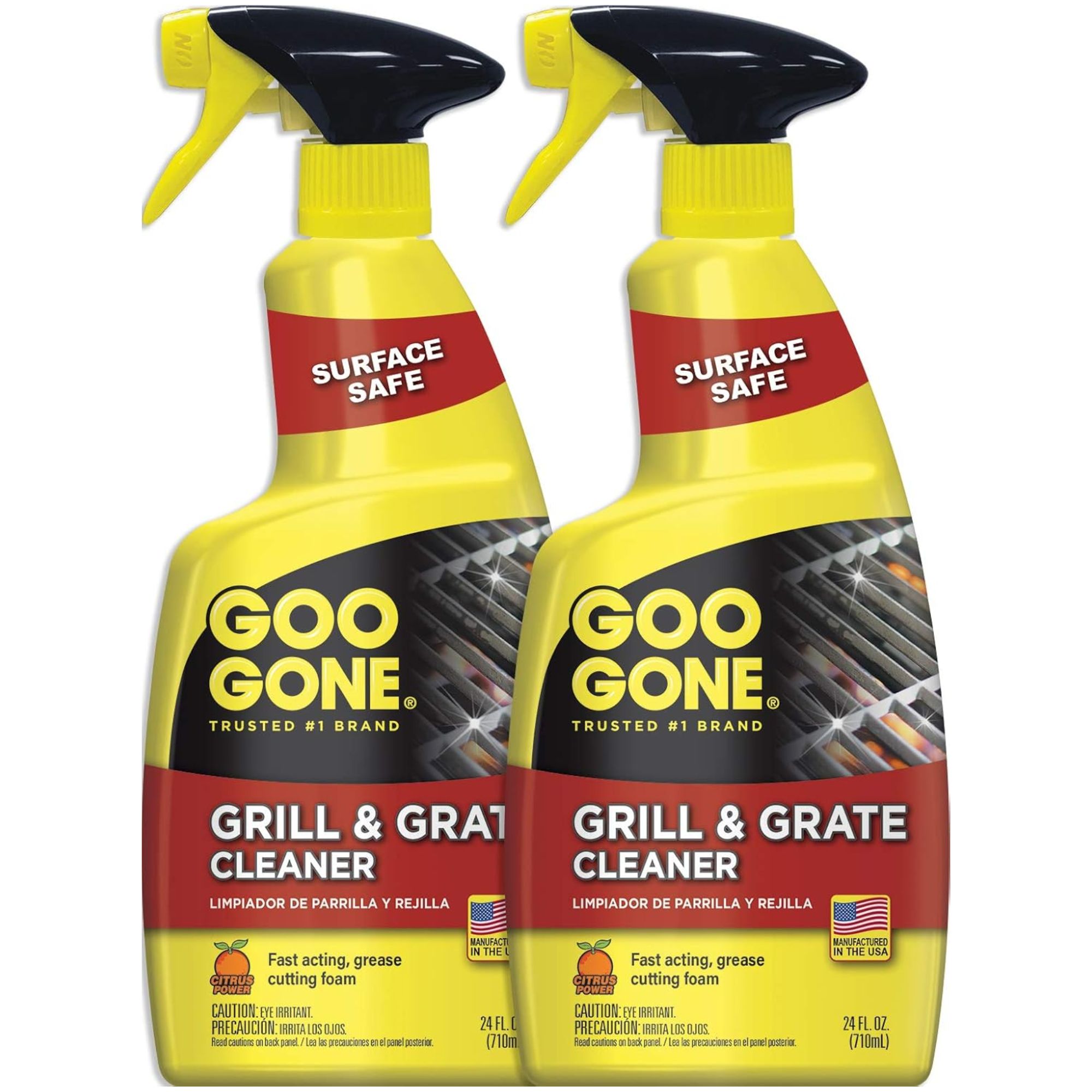 Two yellow, black and red spray bottles of grill and grate cleaner