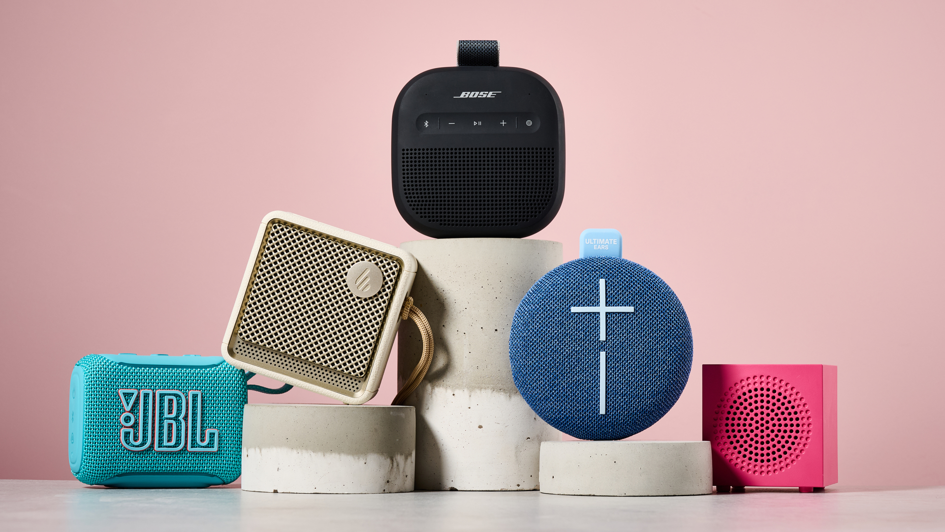 Range of Bluetooth speakers on podium and table
