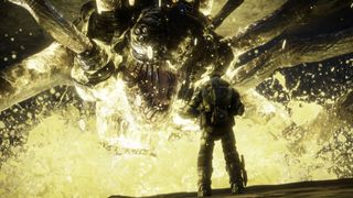 Gears of War: Reloaded screenshot of a soldier fighting a giant Matriarch monster