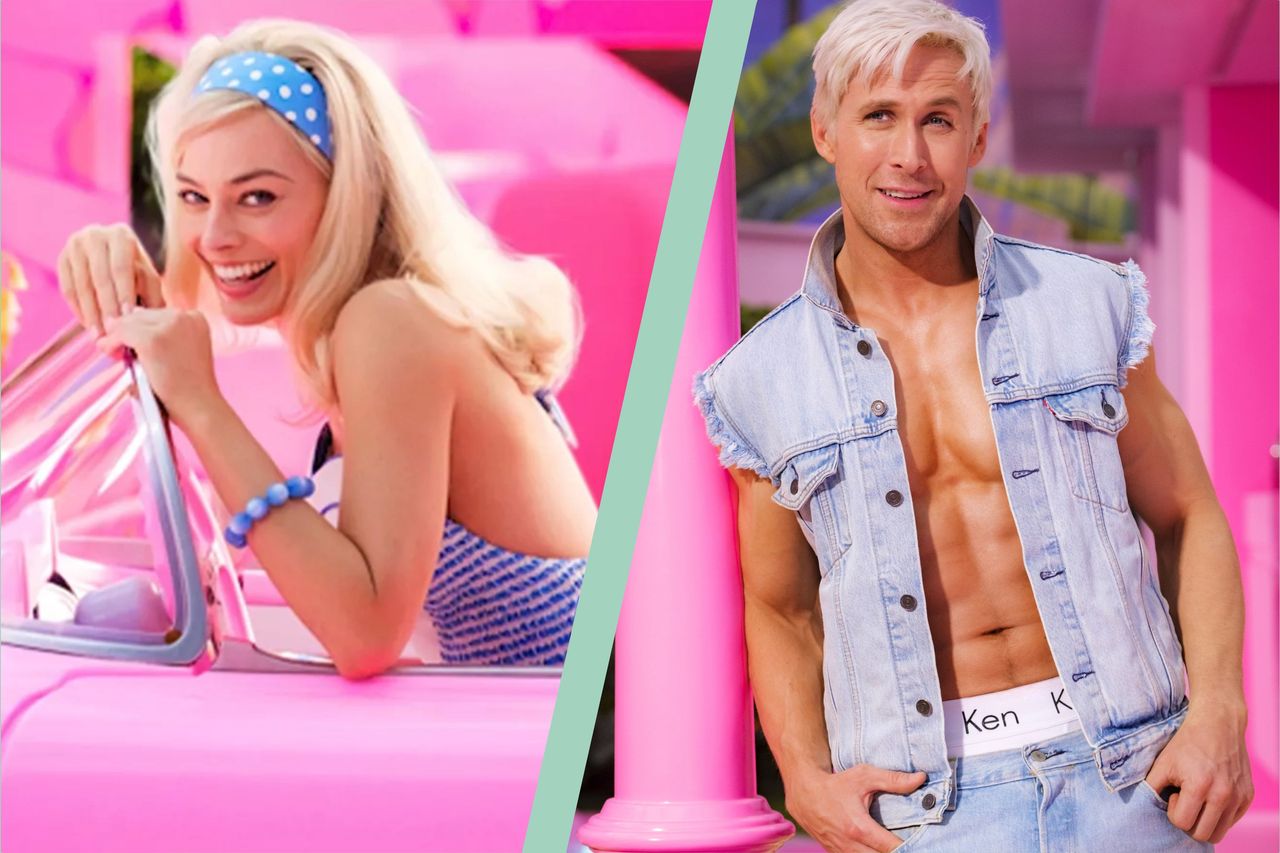 Barbie Movie Margot Robbie as Barbie and split screen with Ryan Gosling as Ken