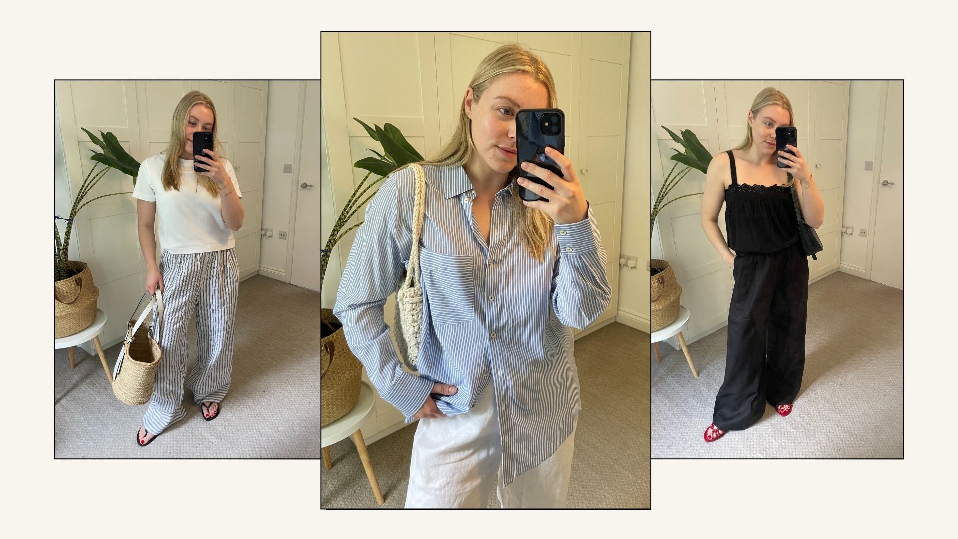 Woman wears three pairs of reformation linen trousers